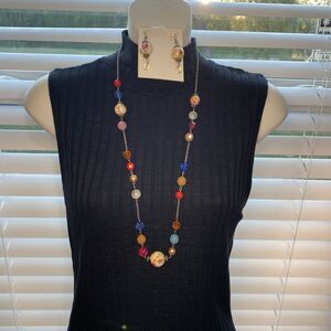 Multicolor Floral Beads And Chain Long Necklace And Earrings Garden Inspired